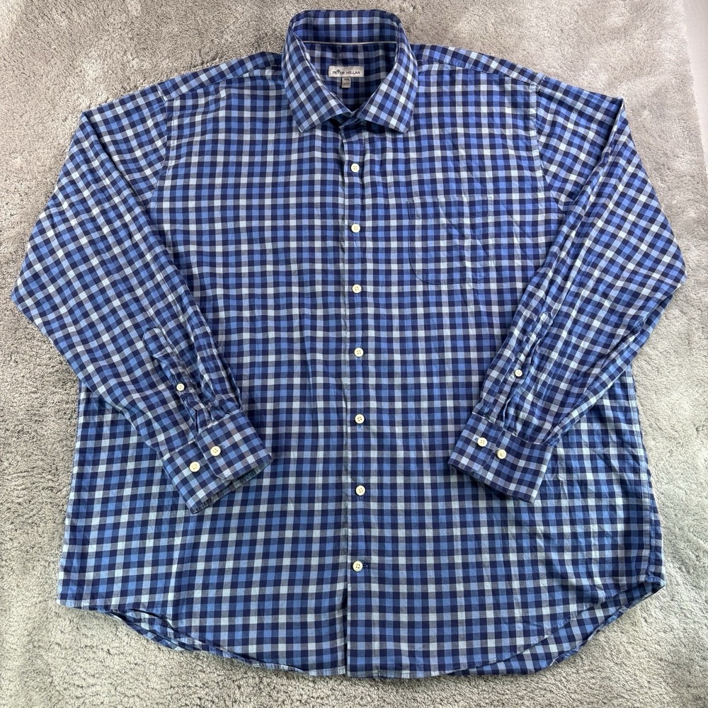 Peter Millar Cashmere Blend Shirt Men's 2XL Blue Check Button Down Long Sleeve